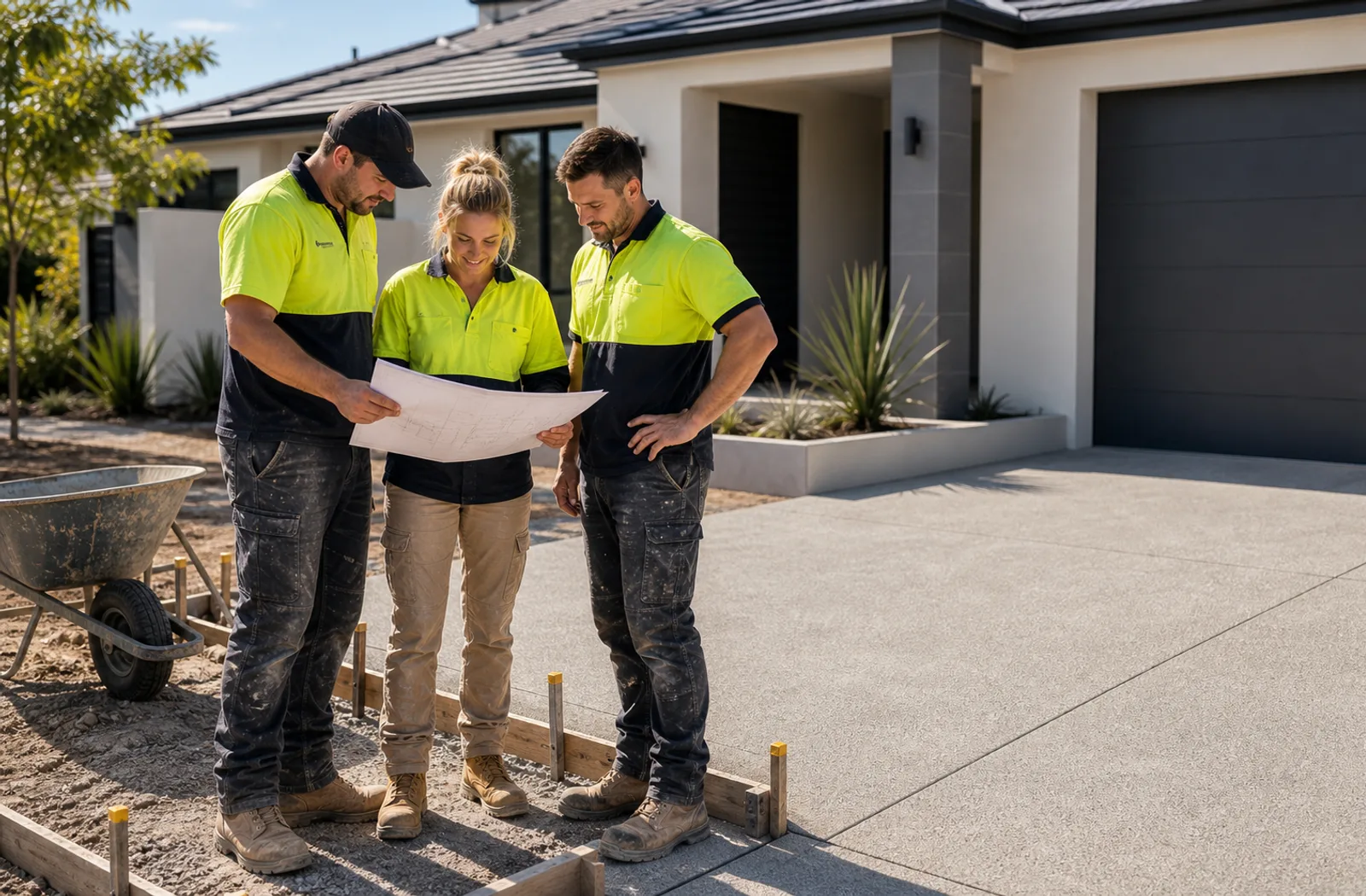 Concrete driveway team reviewing plans beside a residential driveway