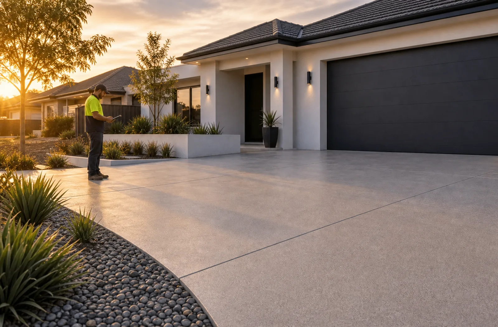 Concrete contractor inspecting a completed premium residential driveway