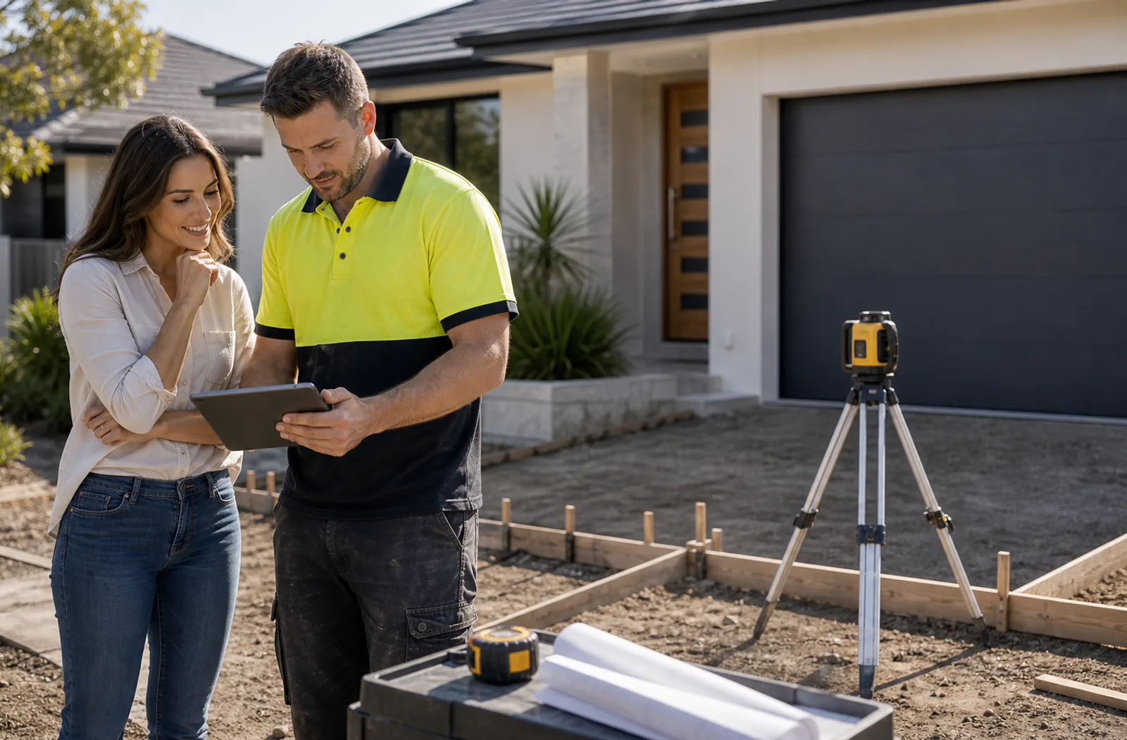 Contractor and homeowner planning a concrete driveway project in Perth