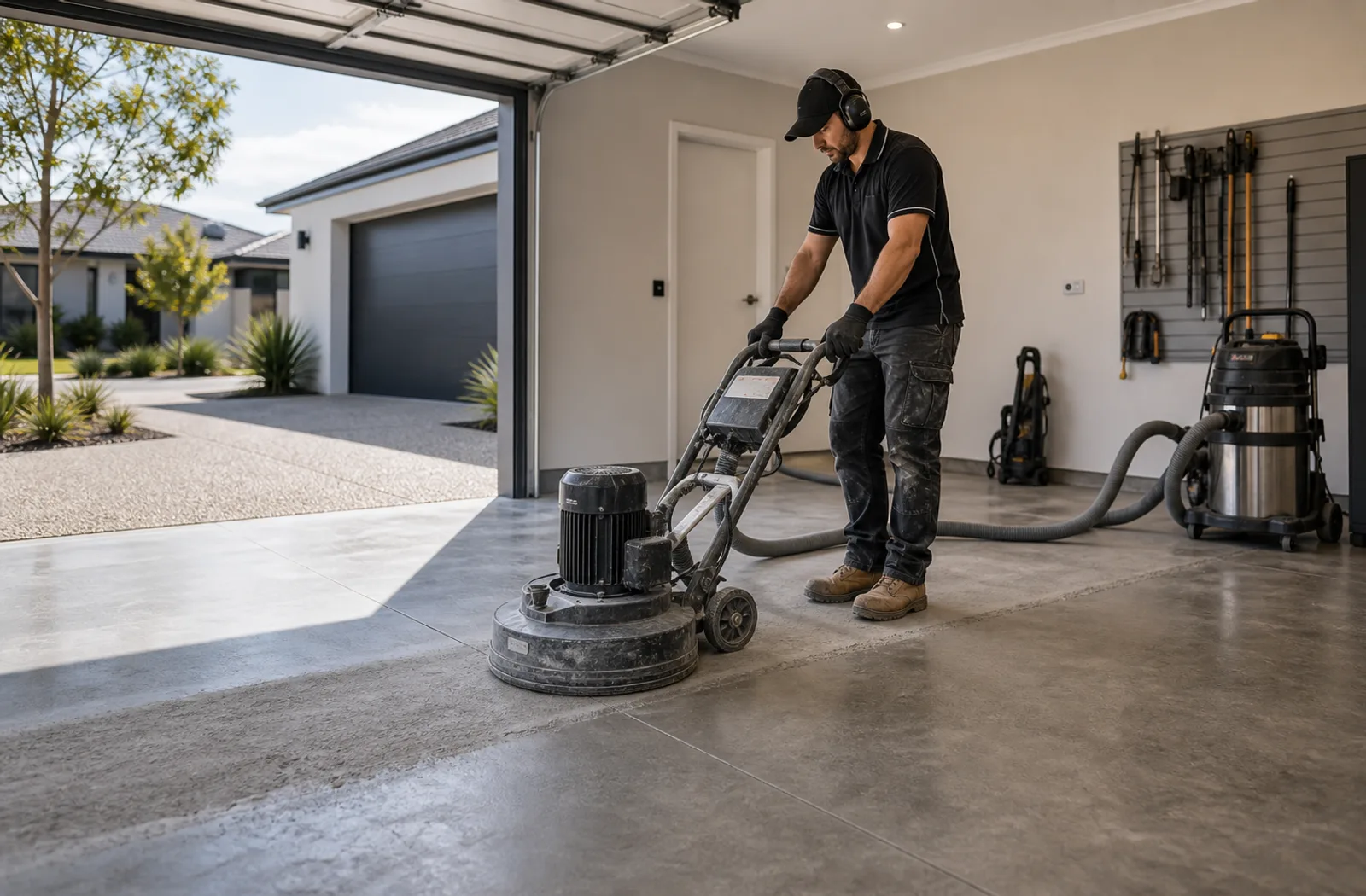 Worker grinding a concrete garage floor with dust control