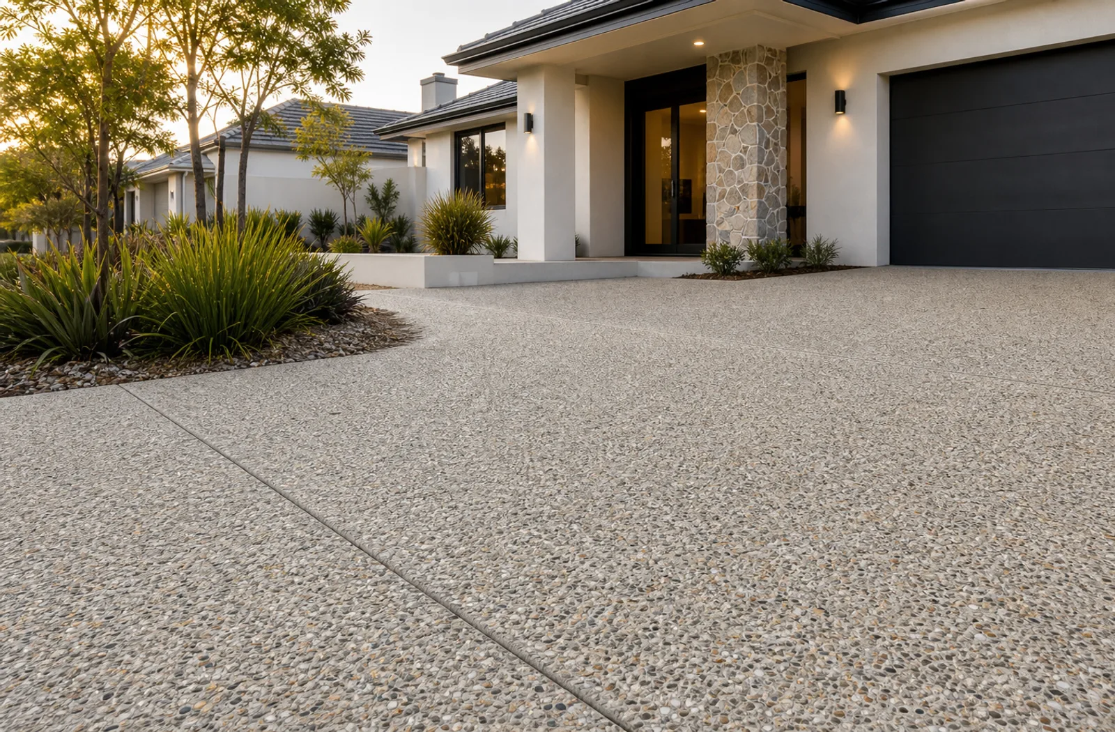 Decorative exposed aggregate concrete driveway surface