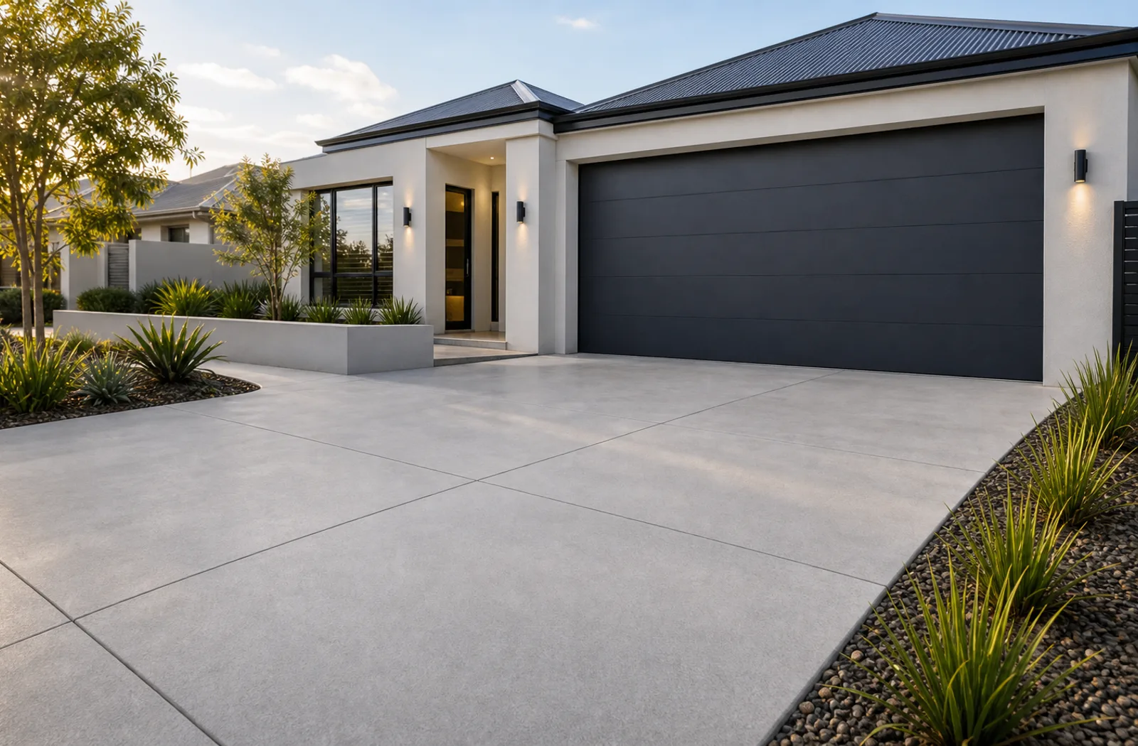 Finished concrete driveway in front of a modern Perth home