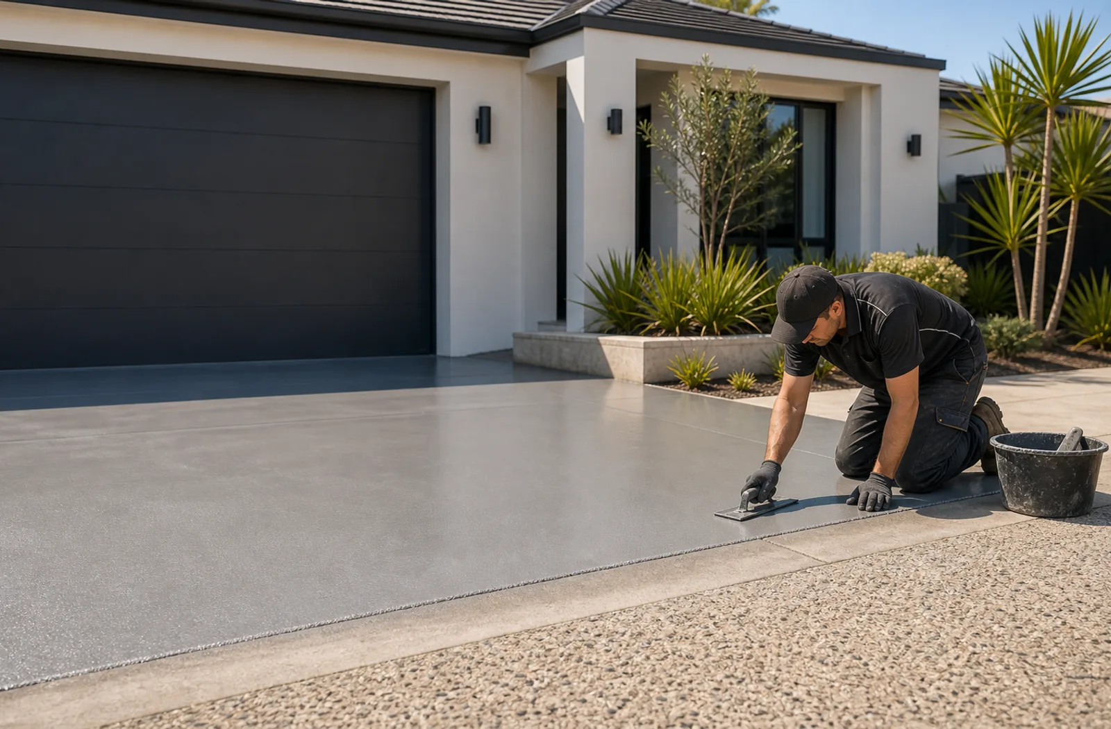Concrete driveway resurfacing work on a modern Perth driveway