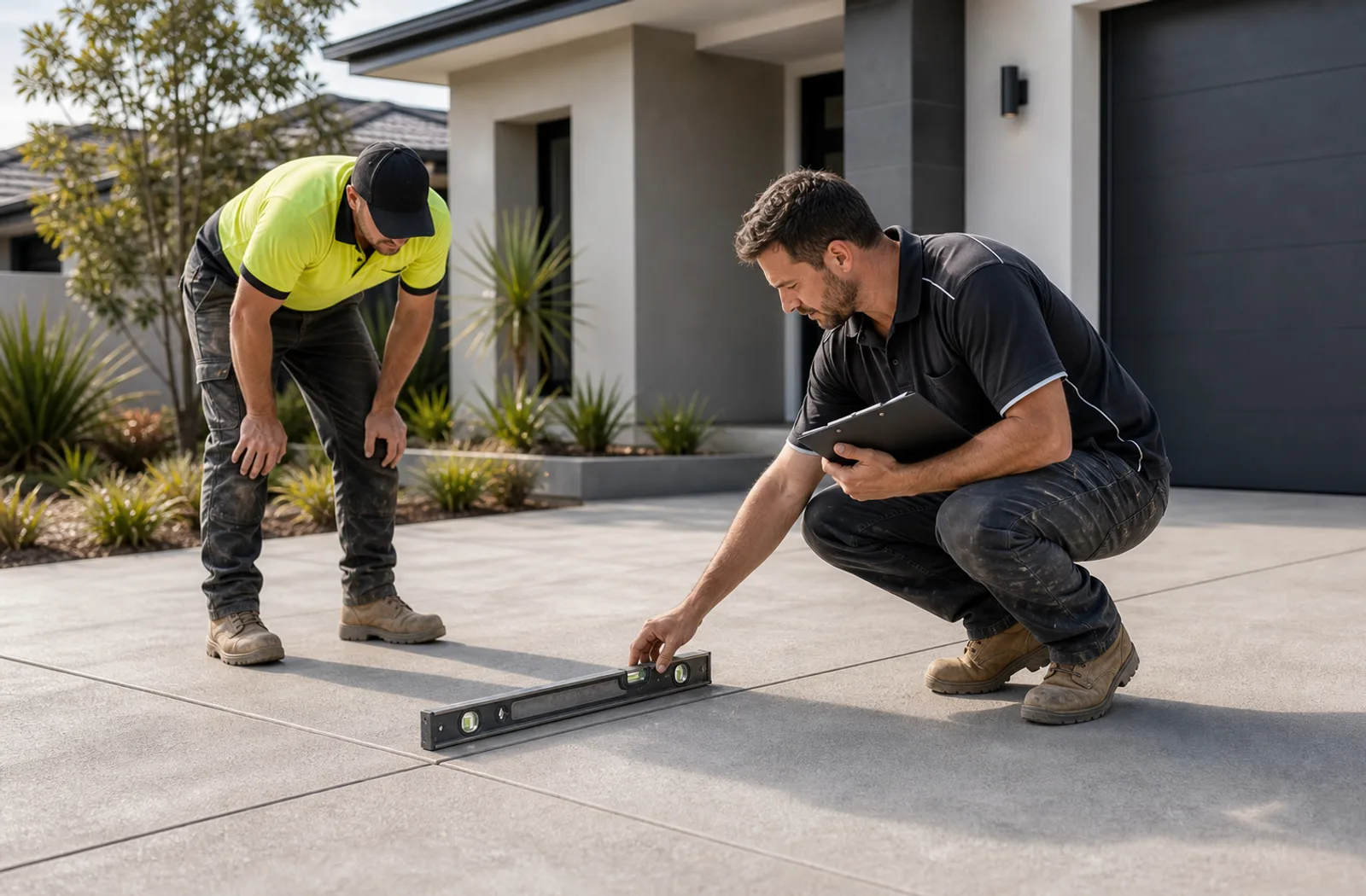 Concrete crew checking the finish on a completed residential driveway